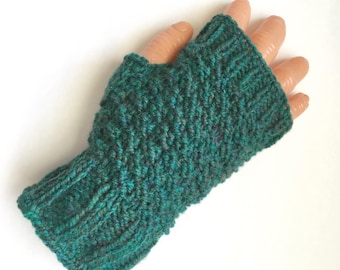 Men's Teal Wool, Fingerless Gloves, Knit Wrist Warmers, Holiday Gift, Fingerless Mits for Biking, Hand Made Gifts for Outdoorsmen, Dad's