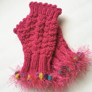 Fingerless Gloves in Watermelon Pink, Hand Knit, with Fun Fur Yarn and Cable Accents Seed Stitch Palm, Women&#39;s or teens Gloves