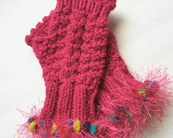 Fingerless Gloves in Watermelon Pink, Hand Knit, with Fun Fur Yarn and Cable Accents Seed Stitch Palm, Match Pussy Hat, Women's Gloves