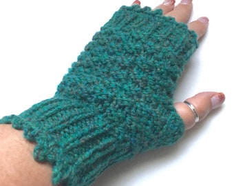 Women's Wool Teal Green Fingerless Gloves, Knit Wrist Warmers, Made to Order, Fingerless Mitts, Biking, Hand Made Gifts for Outdoors Lover