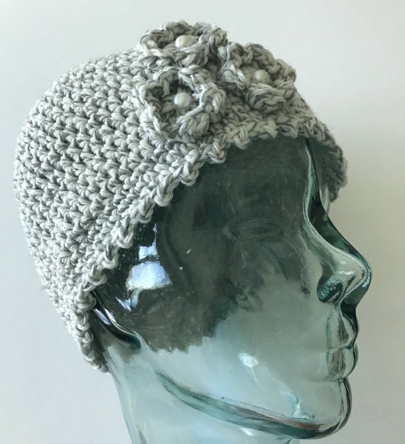 Gray Crochet Cloche Hat with Floral Accents Gray Crochet Cloche Hat with Floral Accents main image 2