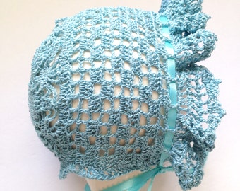Lace Baby Bonnet, Teal Baby Hat, Heirloom Lace Hat, Cotton Baby Bonnet, Crochet Baby Bonnet, Newborn Bonnet, Baby Shower Gift, Infant Hat