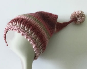 Elf style baby hat, hand knit cap in red strip yarn, winter unisex beanie for newborn