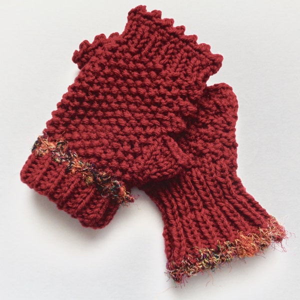 Rust Hand Knit Fingerless Gloves, for Women and Teens, with Sari Yarn Trim