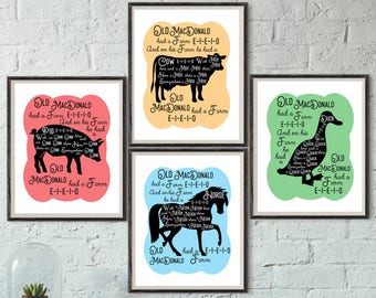 Old MacDonald Farm NURSERY DECOR - Farm Animal Nursery, Cow Pig Duck Horse, Nursery wall art for boy for girl, Nursery Rhyme, Silhouette