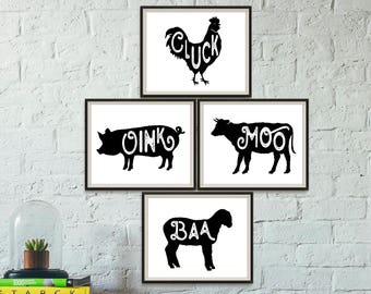 Printable Farm Animal Nursery Instant Download Print, Pig Cow Rooster Lamb, Oink Moo Baa Cluck, Farm Nursery Decor, Farm Animal Nursery Art