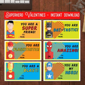 Superhero Valentine&#39;s Day Cards for Boys, School Valentines Cards for Kids, Superhero Printable PDF DIY Valentines, Classroom Valentines