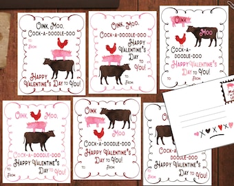 Kids Valentine cards Farm animals School Valentines Cow pig valentines for boys for girls Classroom Valentines Cards for friends Printable