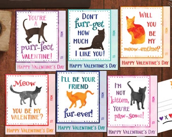 Valentine cards for Kids Cat Valentines for School Valentines Printable pdf Cute Valentines for Girls Valentines day cards for class