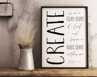 Create in me a clean heart instant download printable, Psalm 51:10 digital print Bible verse Scripture wall art inspirational quote