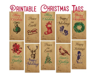 Vintage Christmas Gift Tags Instant download DIY PDF, Rustic Holiday Gift tags, Old Fashioned Christmas Tags Printable Labels, Mid Century