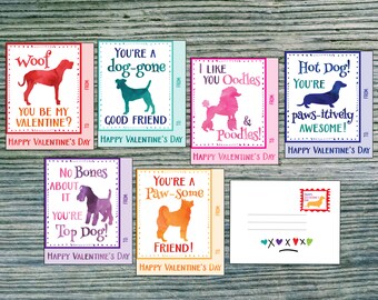 Kids Valentine cards Dog Valentines Dachshund Poodle School Valentines for Classroom Valentines Pdf Printable Valentines instant download