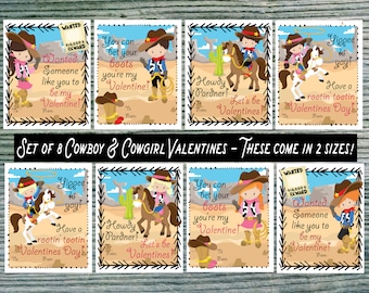 Kids Valentine Cards for school Horse Cowboy Cowgirl Valentines. School Valentines DIY instant download Classroom Valentines Cards for kids.