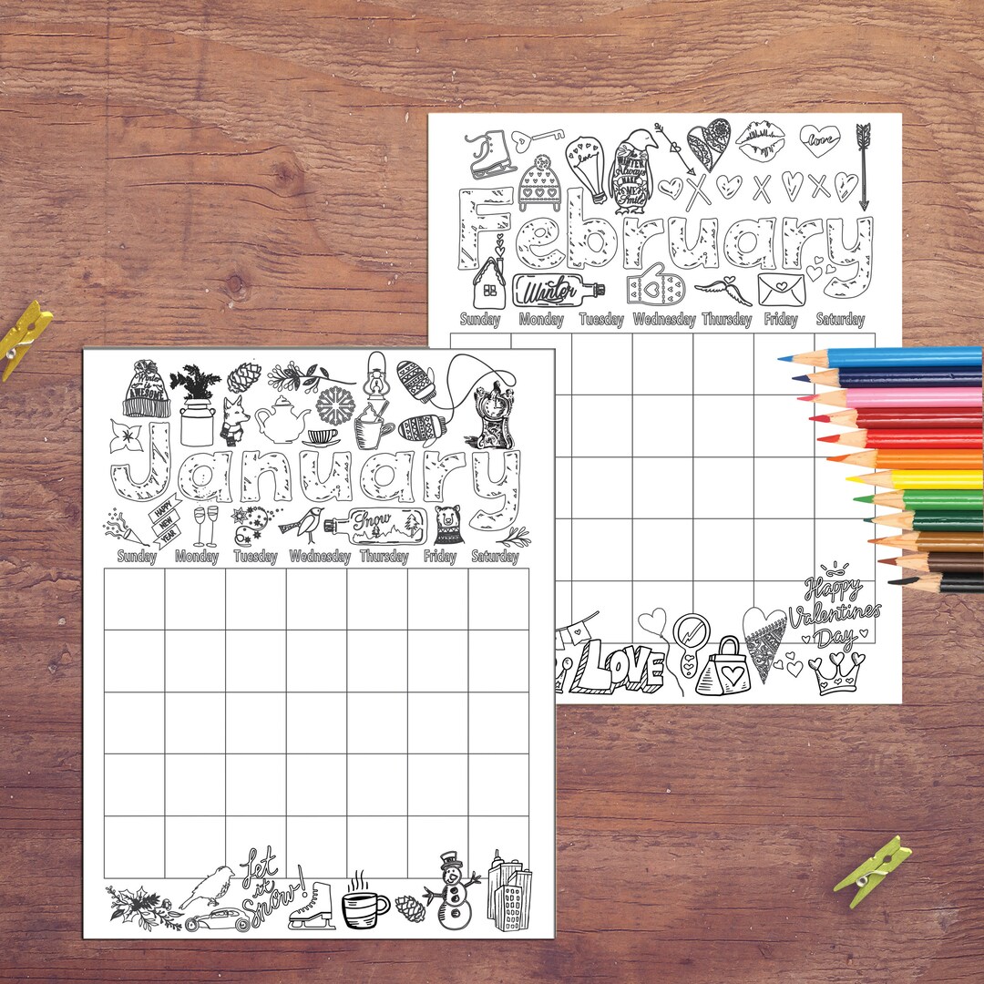 Coloring Calendar Coloring Pages Undated Printable Coloring - Etsy