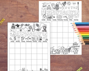 Undated Coloring Calendar Instant digital download DIY printable, Coloring pages for every month of the year, Wall calendar Christmas Gift