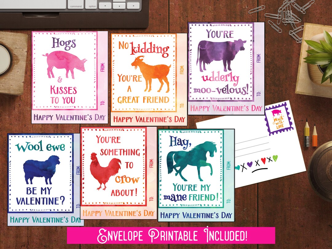 Kids Valentines Cards Horse Cow Pig Farm Animal for School Boys Girls ...