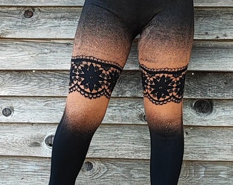 Bleached long women's leggings, rust effect with floral lace pattern, gothic rock style, burlesque, boho, Steampunk alternative clothing