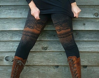 Women's black leggings with bleached rust lace patterns, sexy footless tights lace garter design. Sexy hippy, steampunk, bohemian, festival