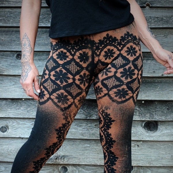 Women's black leggings with lace pattern bleached rust. Bohemian style winter tights, rock, gypsy, steampunk, rococco, Mori girl, hippie