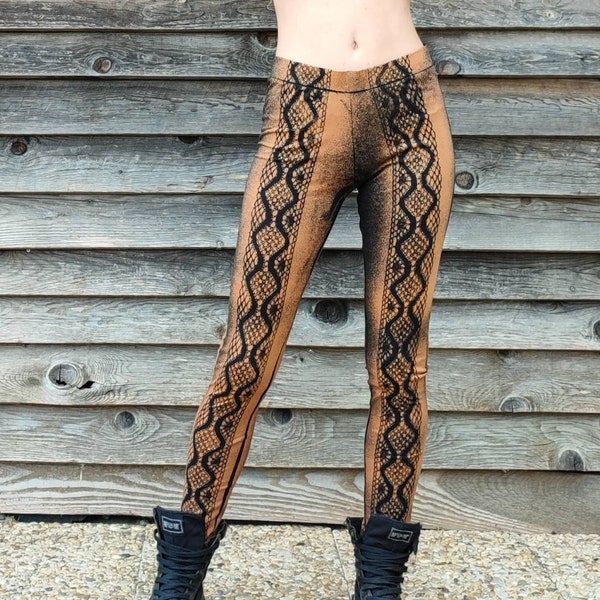 bleached long leggings snake patterns, lace ribbon, rock style footless tights, gypsy, bohemian, witchy, festival, alternative fashion, rave