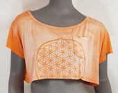 Crop top with flower of life pattern bleached in front, loose cut sexy bare shoulder look. Mystical sacred geometry symbol, psy trance party