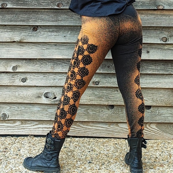 bleached long leggings with lace pattern crochet doily, rock style footless tights, gypsy, bohemian, witchy, festival, alternative fashion