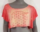 Crop top with flower of life pattern bleached in front, loose cut sexy bare shoulder look. Mystical sacred geometry symbol, psy trance party