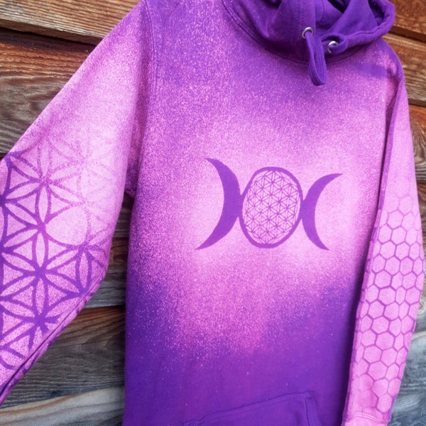 Tribal hoodie dress flower of life design and faded moon phase on the front. Alternative mode, geometric patterns, party, techno, psytrance