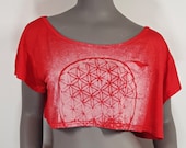 Crop top with flower of life pattern bleached in front, loose cut sexy bare shoulder look. Mystical sacred geometry symbol, psy trance party