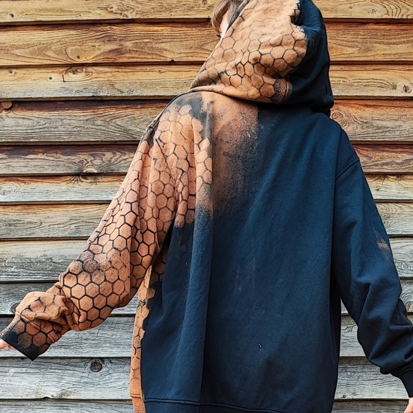 Veste sweat à capuche, unisexe, motifs géométrique de nids d'abeilles décoloré à l'avant. Vêtements teuf, psytrance, festival, tribal, hippy