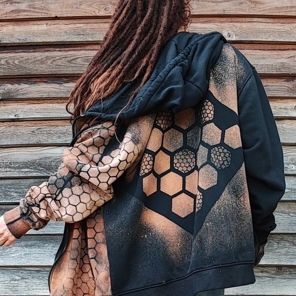 Veste sweat capuche unisexe, motifs géométrique nids d'abeilles, hexagones décolorés à la javel. Vêtements teuf, psytrance, festival, tribal