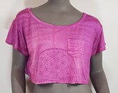 Crop top with flower of life pattern bleached in front, loose cut sexy bare shoulder look. Mystical sacred geometry symbol, psy trance party