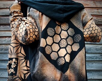 Unisex Hooded Sweatshirt Jacket, Bleached Hexagons and Honeycombs, PsyTrance Festivals, Psychedelic, Techno music, ravers, travelers, tribes