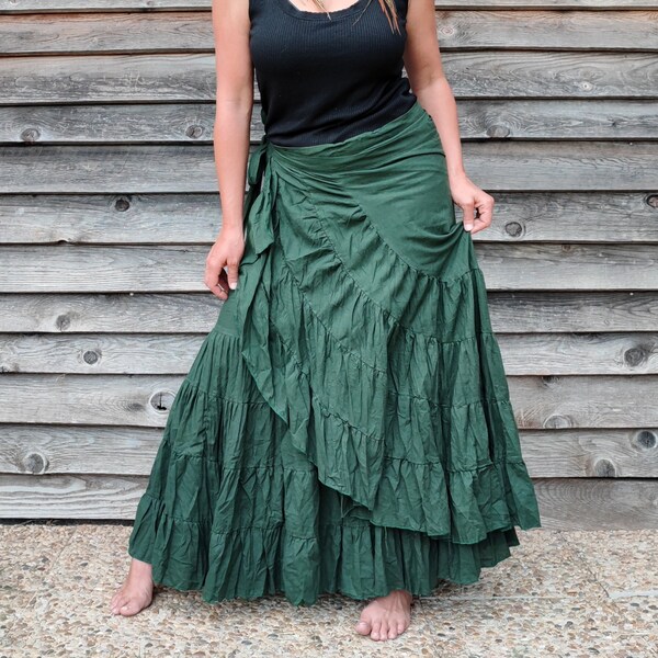 Lange zigeunerrok met brede ruches, zigeunerwikkelrok, flamenco, tribale dans, tribale fusion, zigeuner, boho, festival, bohemian