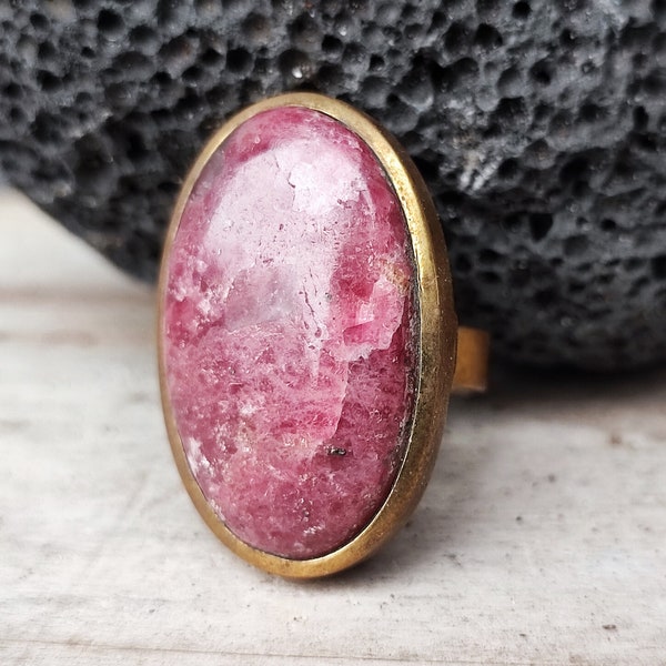 Rhodocrosite stone ring, handcrafted brass ring jewelry, large semi precious stone cabochon. ethnic boho tribal jewel, vintage, hippy chic