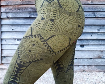 legging femme long, bandeau large à la taille, motifs tribaux, imprimés géométriques, Trance festivals, teuf, alternatif, sauvage, tribal