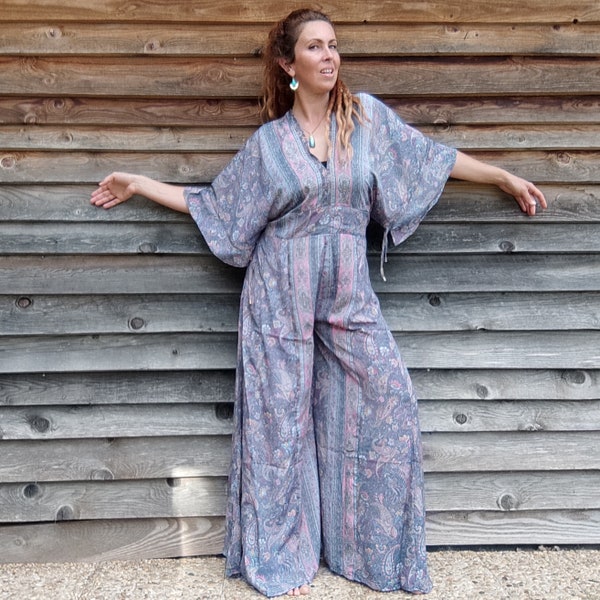 Wide hippy chic jumpsuit, fluid material, bohemian summer clothes, bare backs, elephant legs. Dressy overalls, bohemian evening outfit, boho