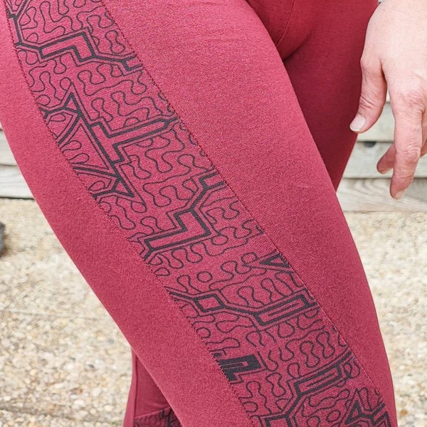 legging femme long, bandeau large à la taille, bande de motif géométriques, imprimés Shipibo, vêtements trance, mystique, Ayahuasca, chaman