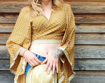 bohemian bolero with pagoda sleeves in silk, cropped hippy chic wrap top, patterns: cashmere, floral, ornamental. Ibiza boho chic clothing.