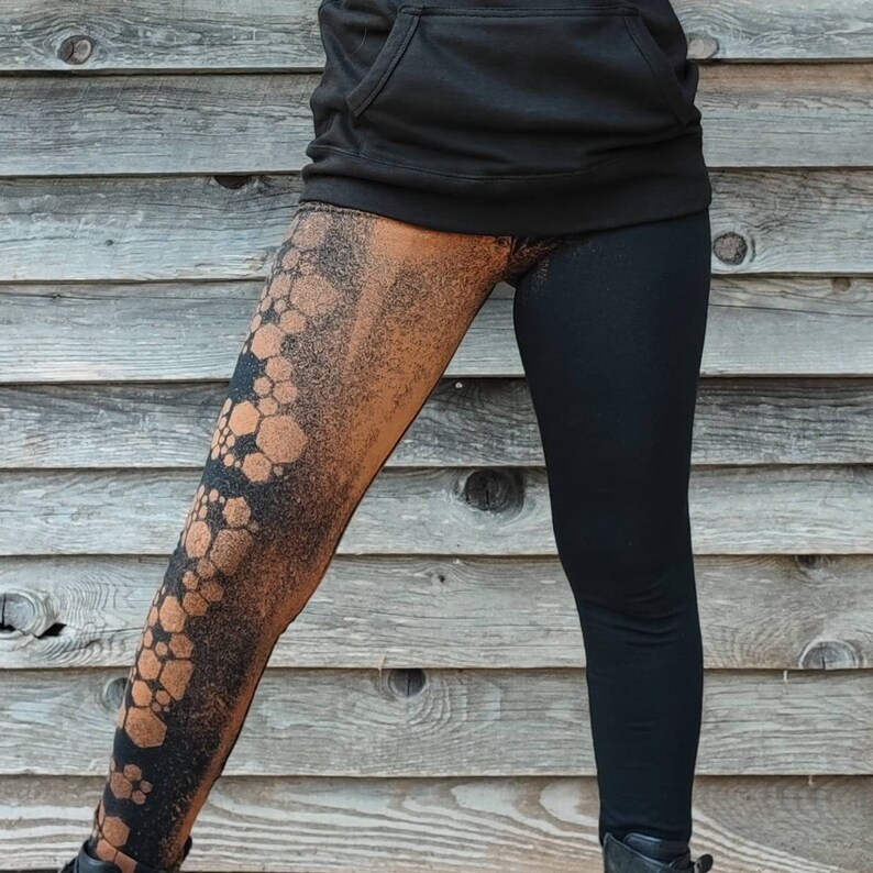 Woman's legging with sacred geometry on leg, cubes patterns bleached with stencils. Mystical symbols for witches and trance festival souls image 7