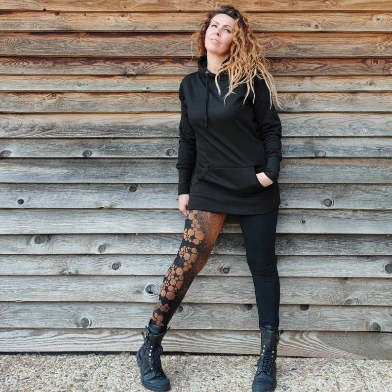 Woman's legging with sacred geometry on leg, cubes patterns bleached with stencils. Mystical symbols for witches and trance festival souls image 2