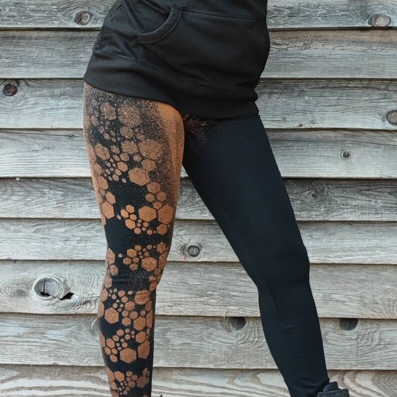 Woman's legging with sacred geometry on leg, cubes patterns bleached with stencils. Mystical symbols for witches and trance festival souls image 1