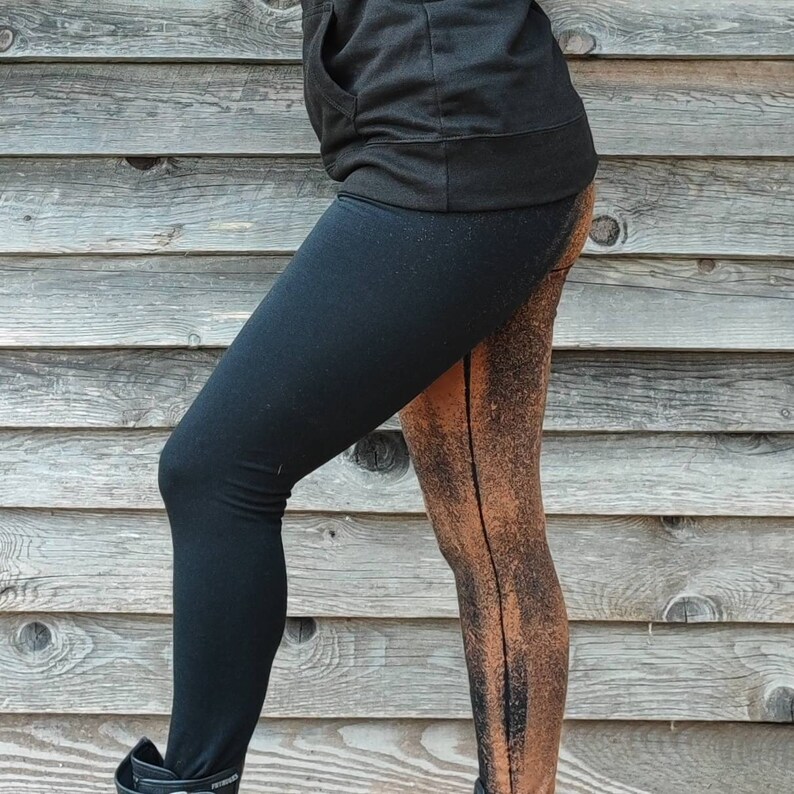 Woman's legging with sacred geometry on leg, cubes patterns bleached with stencils. Mystical symbols for witches and trance festival souls image 5