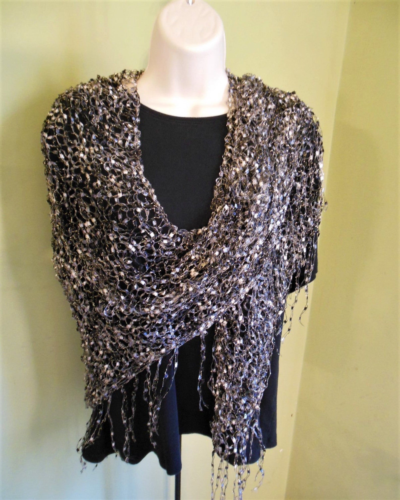 Hand Knit Ladder Yarn Metallic Black White and Gold Etsy