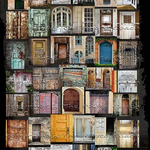 Puede incluir: Un collage de 49 im&aacute;genes de diferentes puertas. Las puertas son de diferentes colores, estilos y materiales. Algunas de las puertas son viejas y desgastadas, mientras que otras son nuevas y modernas. Todas las puertas est&aacute;n cerradas, y algunas tienen elementos decorativos como ventanas, manijas y aldabas.