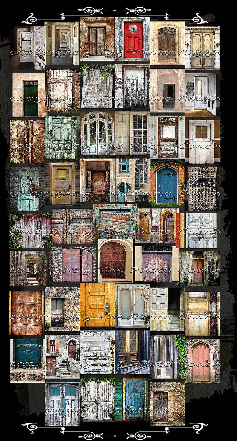 Puede incluir: Un collage de 49 im&aacute;genes de diferentes puertas. Las puertas son de diferentes colores, estilos y materiales. Algunas de las puertas son viejas y desgastadas, mientras que otras son nuevas y modernas. Todas las puertas est&aacute;n cerradas, y algunas tienen elementos decorativos como ventanas, manijas y aldabas.