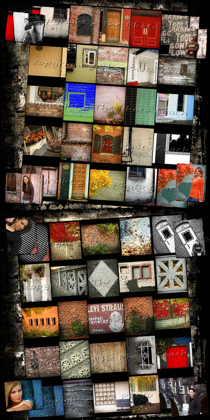 May include: A collage of images featuring various brick walls, doors, windows, and other architectural details. The images are arranged in a grid pattern and have a vintage, distressed look. Some of the images include text, such as "SURPLUS" and "LEVI STRAUS".