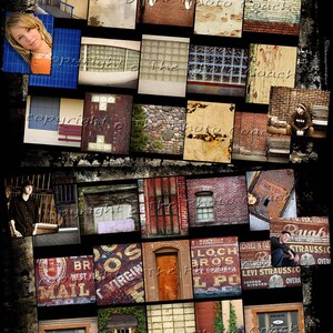 May include: A collage of various textures and patterns, including brick walls, weathered wood, and metal surfaces. The collage is made up of many different sized squares, creating a patchwork effect. The colors are mostly muted and earthy tones, with some pops of red and green.