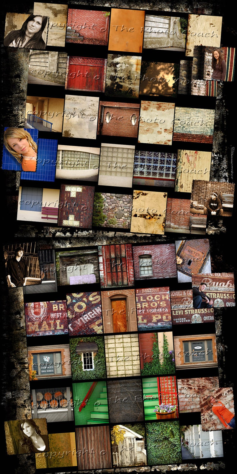 May include: A collage of various textures and patterns, including brick walls, weathered wood, and metal surfaces. The collage is made up of many different sized squares, creating a patchwork effect. The colors are mostly muted and earthy tones, with some pops of red and green.