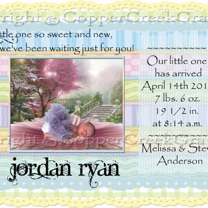 May include: A pink and blue baby announcement card with a photo of a baby girl sleeping in a purple tutu. The card says "Our little one has arrived" and includes the baby's name, birthdate, weight, length, and time of birth. The text reads "Jordan Ryan, April 14th 2012, 7 lbs. 6 oz., 19 1/2 in., at 8:14 a.m."